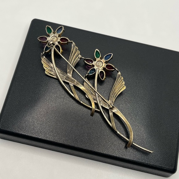 Flower SYMMETALIC rhinestone Vintage STERLING Silver 14KT Gold Brooch Pin - Picture 7 of 16